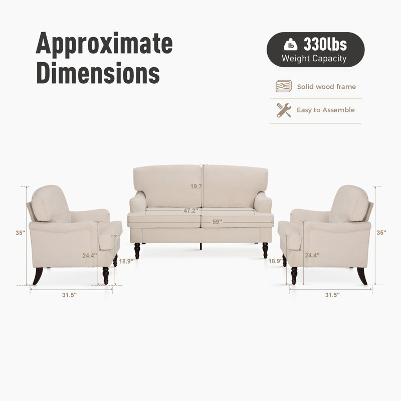 Canapé à quatre places en bois massif avec tissu en lin, Beige