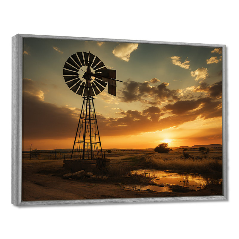 Texas Rustic Windmills - Wind Turbines, art mural pour le salon, H 24 po x l 32 po x P 1 po, Encadrement argenté