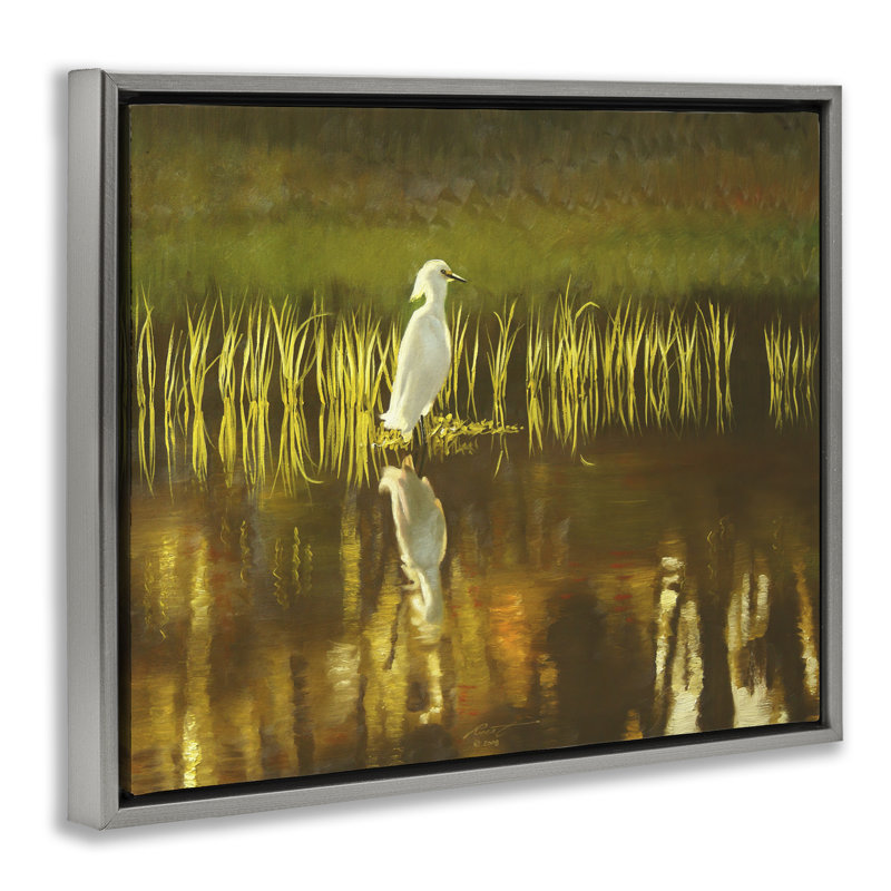 «Bird & Lake Botanicals», art mural sur toile par D. Rust, Cadre flottant gris lustré, H 25 po x l 31 po
