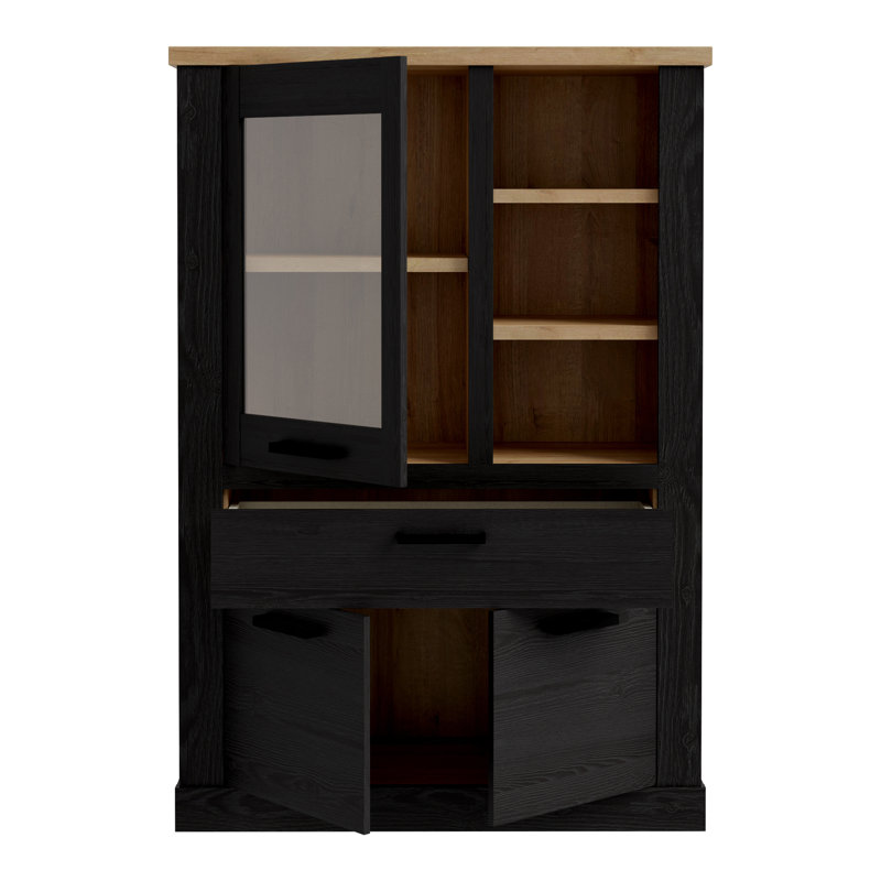 Modern Farmhouse Style Display Cabinet, 3 Doors, 1 Drawer, 3 Open Compartments, Engineered Wood, Black Oak/Light Oak Decor, 109.8 cm W x 160.3 cm H x 41.3 cm D