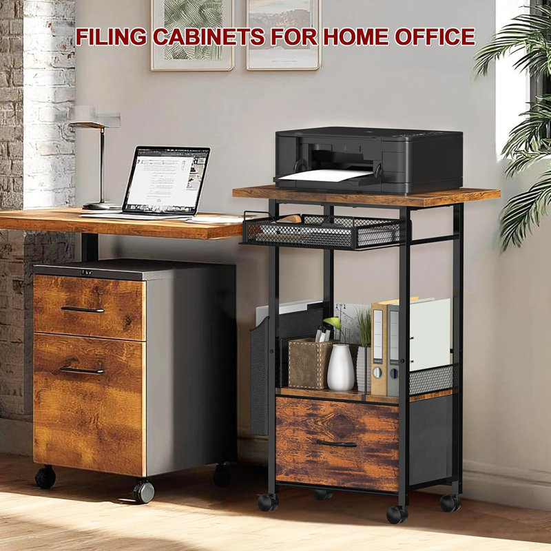 Rustic Brown Mobile 3-Tier Printer Stand - 2-Drawer File Cabinet (24" Extended Desktop, Lockable Wheels, Adjustable Rolling Cart For Home Office)