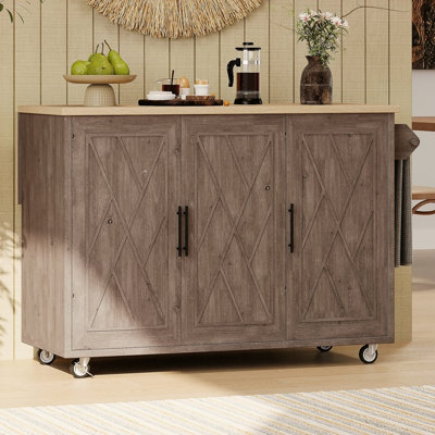 Îlot de cuisine de 51,2 po de largeur à motif sergé à rayures texturées avec abattant, îlot de cuisine sur roulettes avec support de rangement interne, chariot de cuisine roulant avec porte-serviettes pour la cuisine
