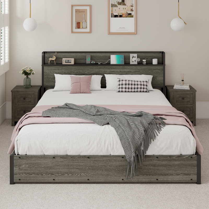 Lift Up Storage Wood Bed with Charging Station, King, Rustic Gray