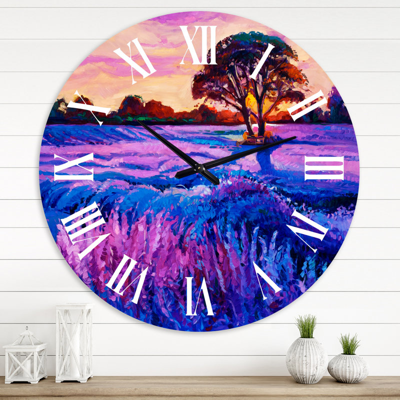 Lavande champ avec arbre au coucher du soleil - horloge murale moderne, Grand