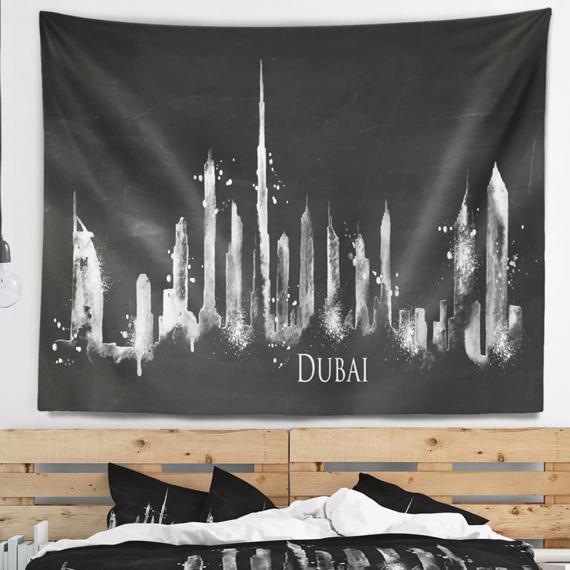 Paysage urbain tapisserie silhouette noire de dubaï, H 32 po x l 39 po