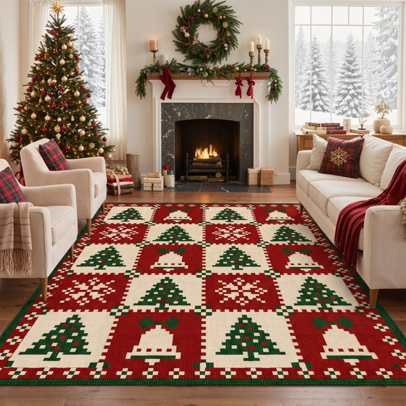 Tapis de salle à manger moderne à carreaux rouges et ivoire, motif « Holiday Icon Grid Christmas Modern Checker », lavable et à poils courts.