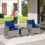 Ensemble de 3 chaises berçantes en osier de patio avec table en verre trempé et coussins d'extérieur bleu marine