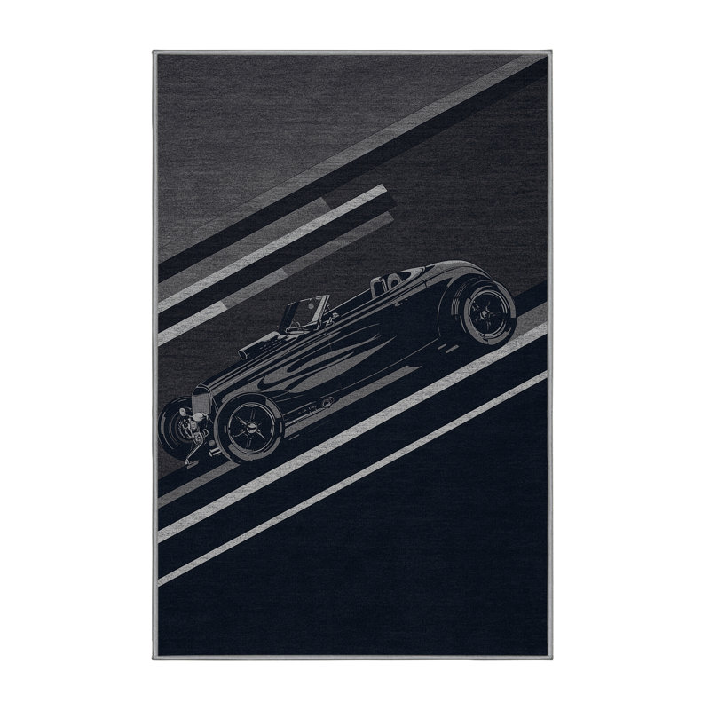 Machine Washable Potts Hot Rod Car Modern Striped Rug in Gray – Gray Binding, 5x8