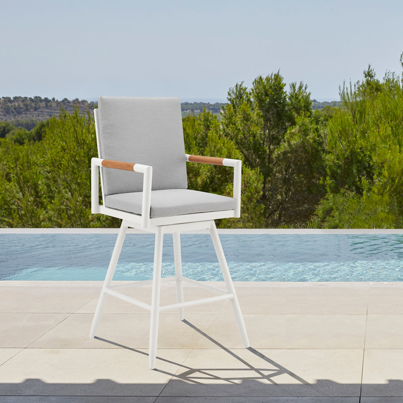 Tabouret d'extérieur en métal avec coussin Koslya, 30", Blanc, Gris