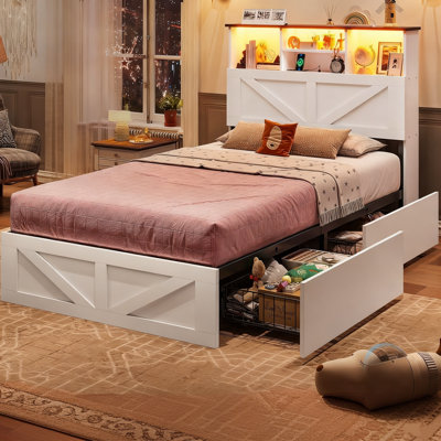 Farmhouse Bed Frame with LED Headboard & 4 Storage Drawers - Wooden Platform Bed, Bookcase Storage, No Box Spring Needed by Wrought Studio