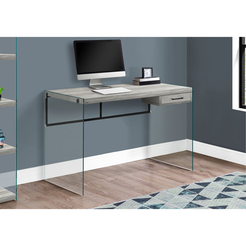 Table de bureau moderne avec tablette, l 48 po, stratifié gris, verre trempé transparent, bureau de rangement de 48 po, tiroirs