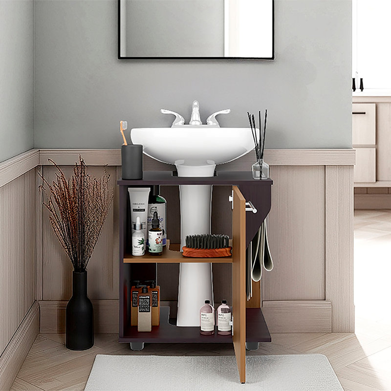 Rangement sous l'évier: H 24,4 po, 1 porte, 2 tablettes, 4 pieds, - Salle de bain, Naturel/noir