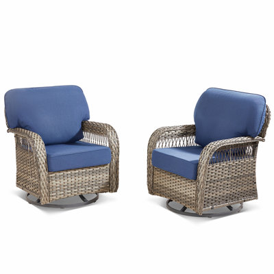 Outdoor Glider Chairs Set of 2, Gray Wicker Patio Furniture Swivel Rockers with T Shape-Back Cushions and 5" Thick Foam, Ideal for Porch and Yard, Blue