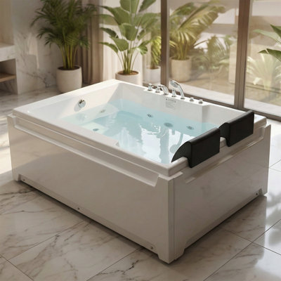 73" Vortex Spa Massage Bathtub, 8 Adjustable Hydro Jets, LED Lighting, Handheld Showerhead & Waterfall Faucet, 3-Sided Skirted Design