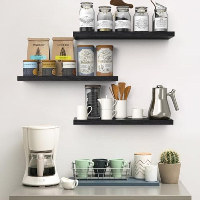 Floating Shelves For Wall, 22.5 Inches Wall Mounted Rustic Wood Shelves For Bathroom, Bedroom, Living Room, Floating Shelves For Books/Storage/Decor (Black,Set Of 3)