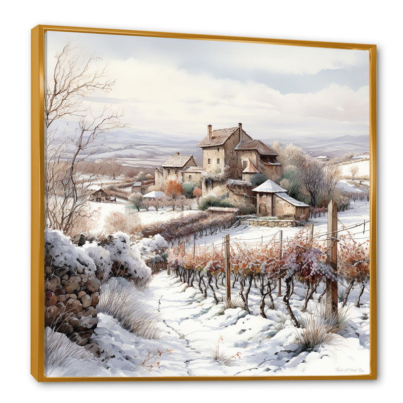 " Vineyard Charm In Winter ", 36" H x 36" W x 1.5" D, Gold Floater Framed