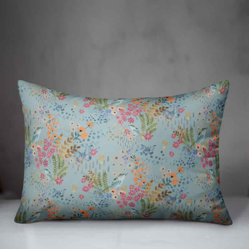 Coussin floral lombaire rectangulaire, Bleu