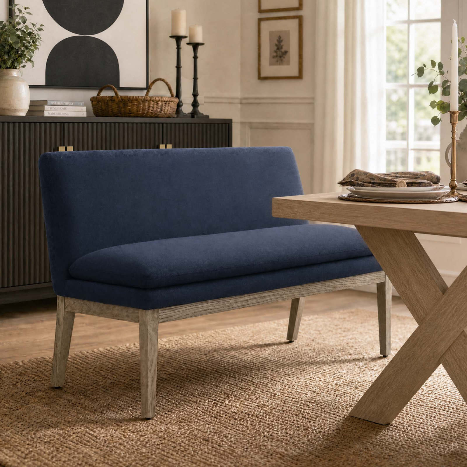 Bethea 55" Linen Dining Bench, Blue