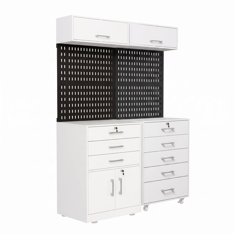 Printer Stand Set with Pegboard – 2 Units, Lockable Drawers & Cabinet, Wheels