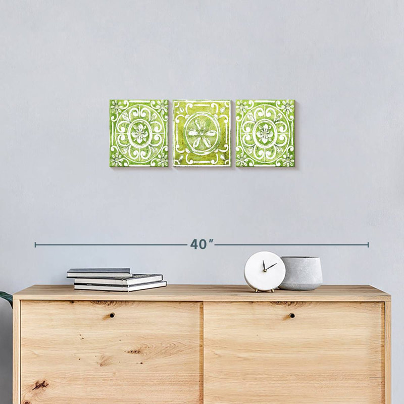 Motif de tuiles ornementales vertes, ensemble de 3 pièces sur toile par Lulu, H 8 po x l 26 po x P 1 po