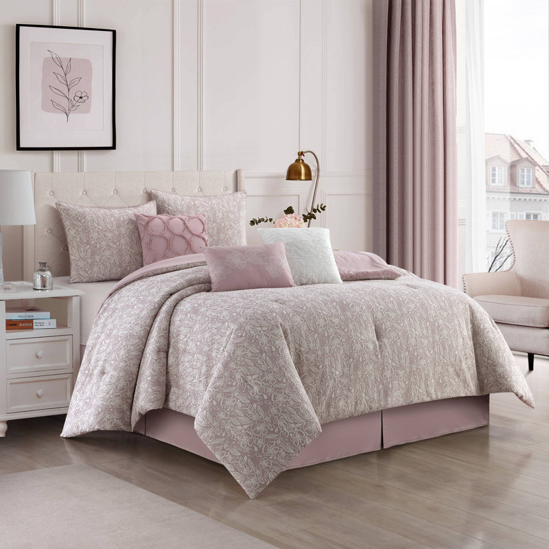 Cambrie 7 Piece Floral Comforter Set, Queen Comforter + 2 Queen Shams + 3 Throw Pillows