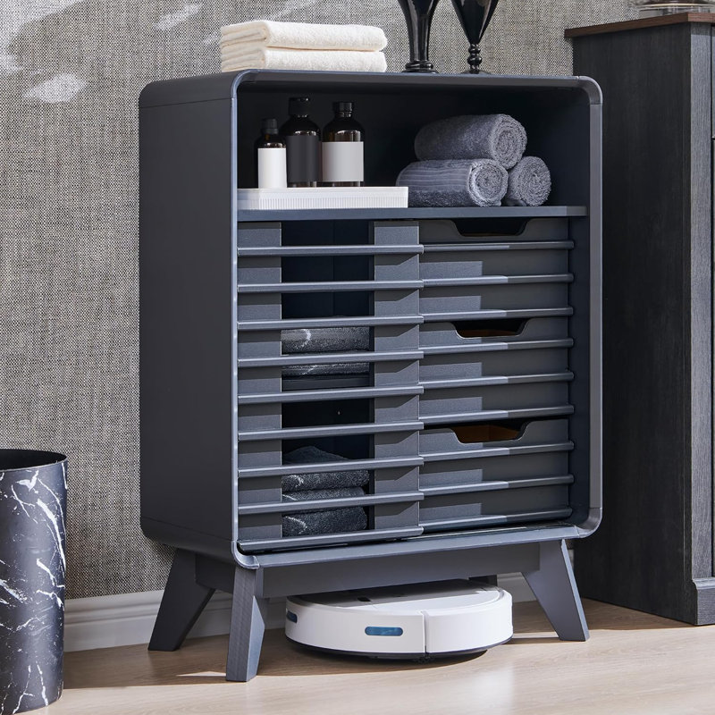 Bathroom Floor Storage Cabinet  With Slatted Sliding Door, Dark Gray