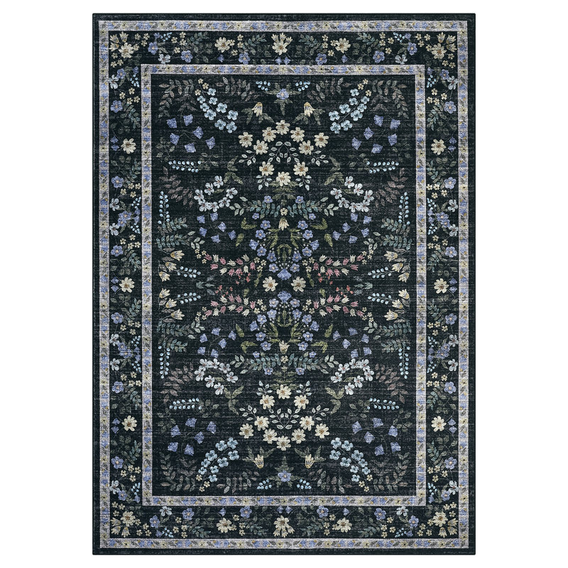 Modern Floral Machine Washable Rug for Living Room, Farmhouse Flower Soft Non Shedding Floor Covering with Non Slip TPR Backing, Indoor Foldable Low Pile Thin Mat