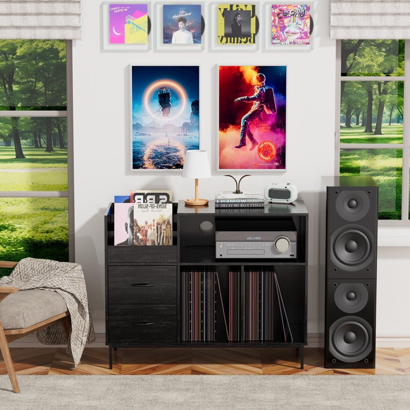 Large Record Player Stand, 350 Vinyl Record Storage Holder with Power Outlet and Drawers