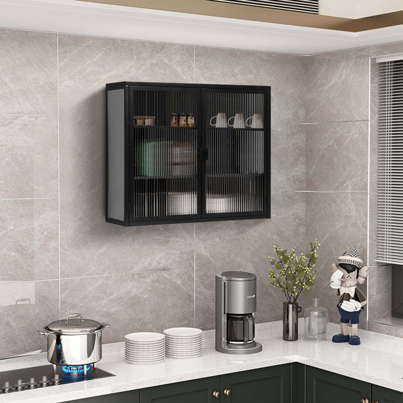 27.56"Glass Doors Modern Two-door Wall Cabinet with Featuring Three-tier Storage ,Mint Green, Black