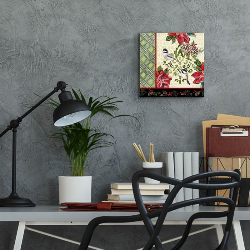 «Chickadee Holiday 4» par Jean Plout, art mural en verre acrylique, 12 po x 12 po, 12 po x 12 po