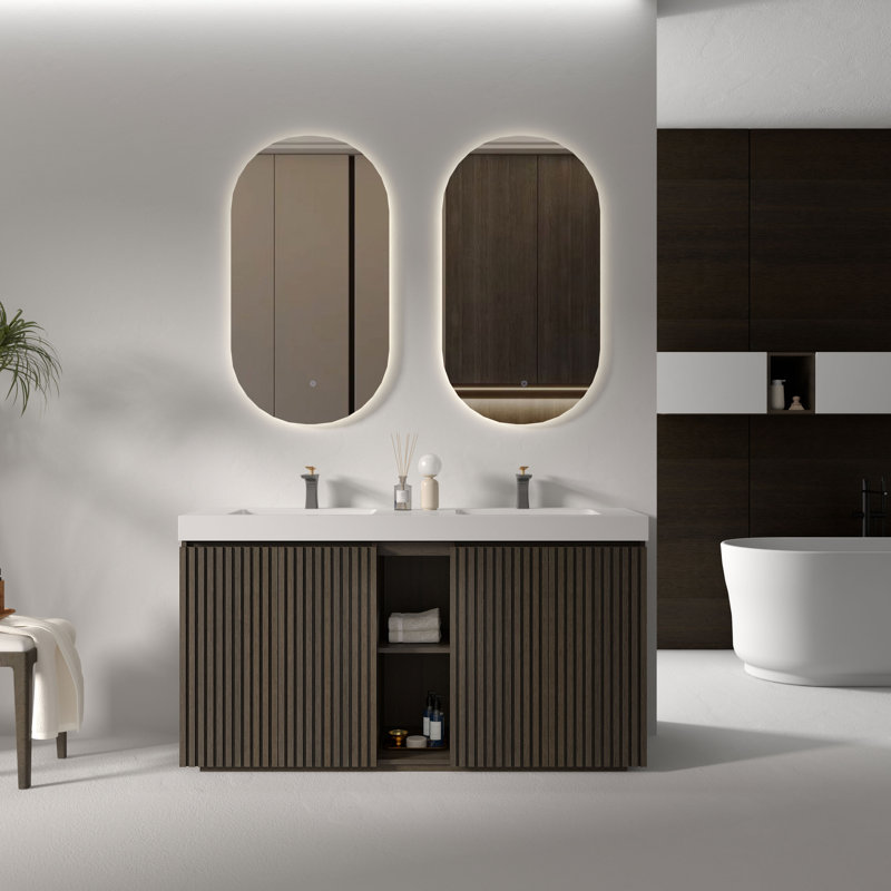 Bathroom Vanity with Solid Surface Top, 60", White/Dark Brown, Single-Hole