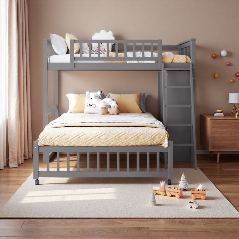 Lit superposé simple au-dessus de double en bois avec six tiroirs et tablettes flexibles, lit inférieur avec roulettes, Gris