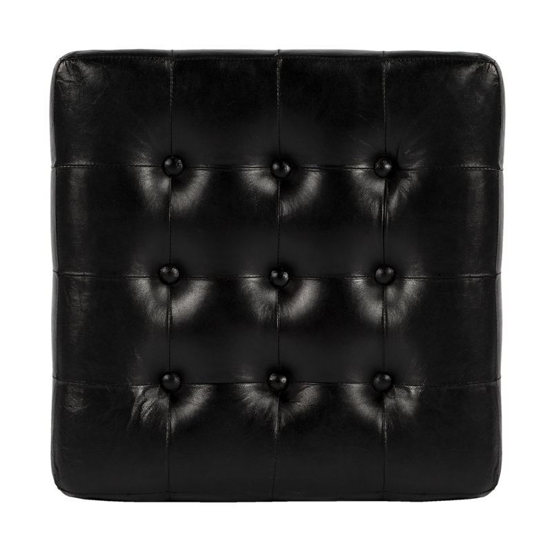 Leon Button Tufted Leather Ottoman, Black Genuine Leather
