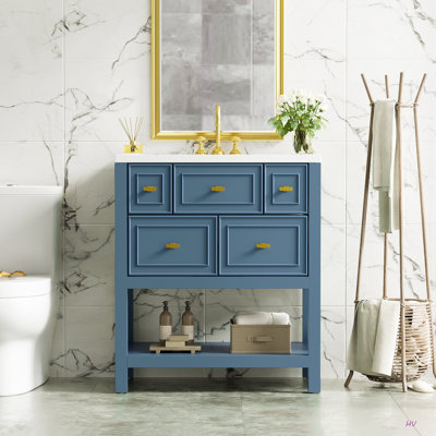 Ensemble de meuble-lavabo simple 30 po avec 5 tiroirs, ensemble de meuble-lavabo autoportant avec cadre en bois massif 30 po