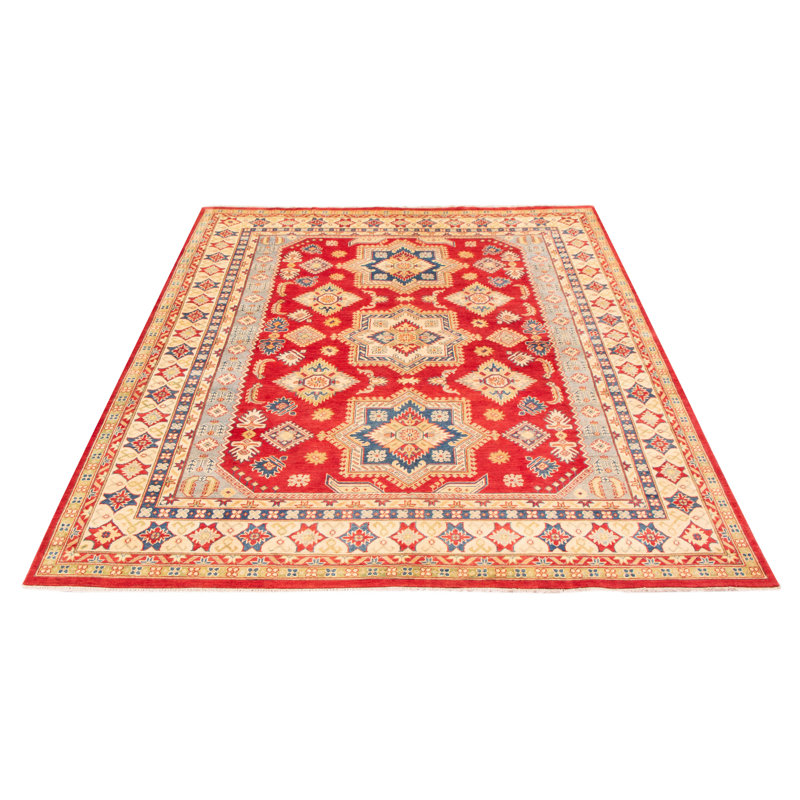 Tapis rouge en laine noué à la main de conception unique 4 pi 11 po x 6 pi 6 po nouvel âge Amelia-Lillie