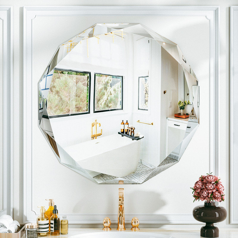 Beveled Frameless Bathroom Vanity Mirror Decorative Wall Accent Mirror, 24" x 24", Round