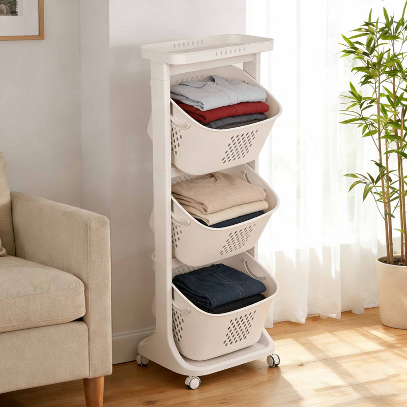 3- Tier Plastic Rolling Laundry Basket With Handles,  Modern Home Organizer Storage Rack