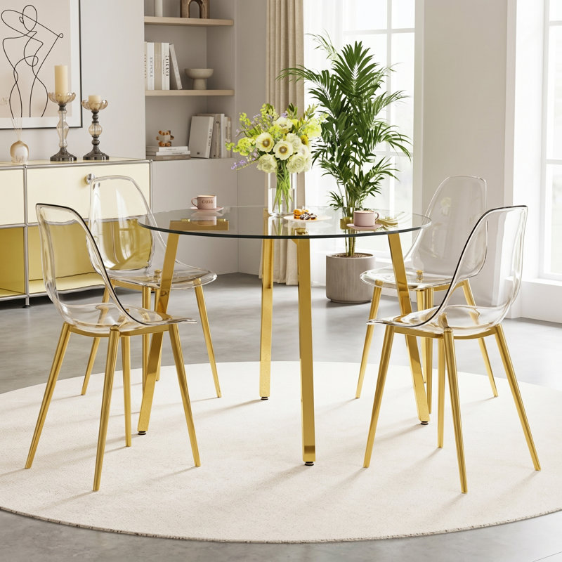 Mid-Century Modern Round Dining Table Sets with Scratch-Proof Glass Top and Ergonomic Metal-Leg Seating, Gold