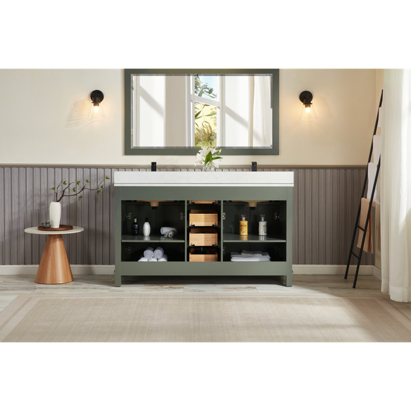 60" Finish Solid Wood Sink Vanity With 1' Artificial Stone Top, Pewter Green, Rose Gold