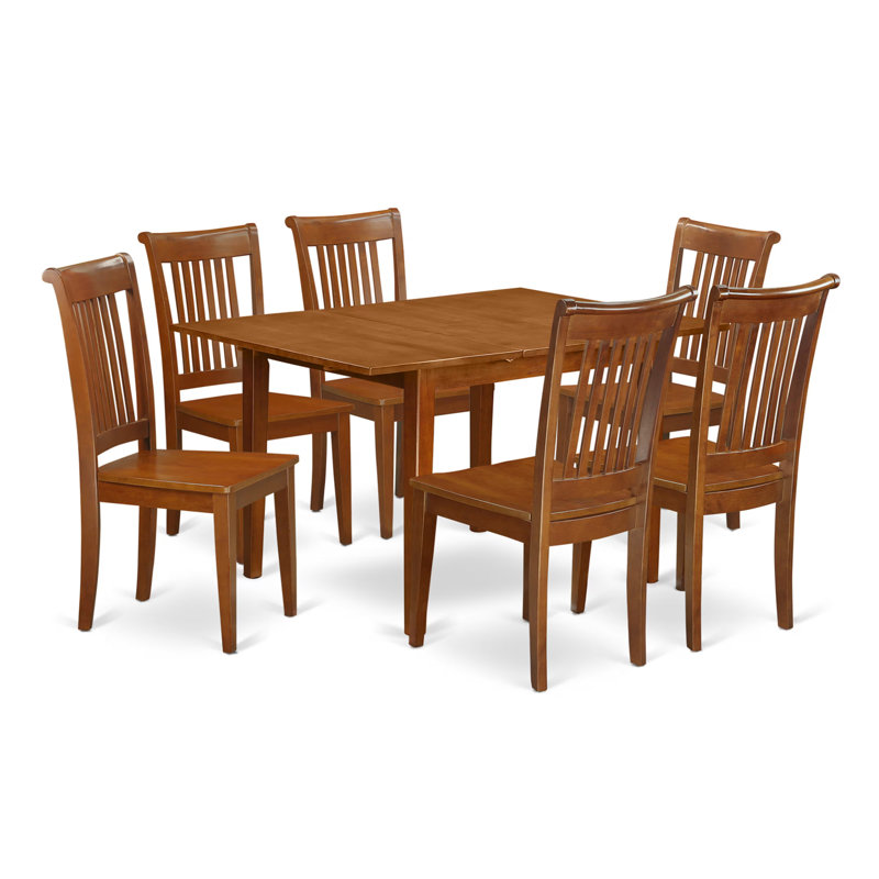 7 Piece Dining Table Set Consist of a Rectangle Dining Room Table with Butterfly Leaf and 6 Wooden Seat Chairs, Saddle Brown