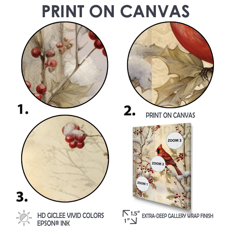 Oiseau cardinal rouge sur une branche de Noël en bois - oiseau, reproduction d'art murale, Toile avec cadre noir