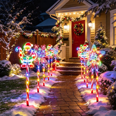 Paquet de 6 lumières de sentier de Noël solaires, 10 décorations de Noël, lumières de piquet solaires extérieures pour jardin, cour, allée, décoration des Fêtes