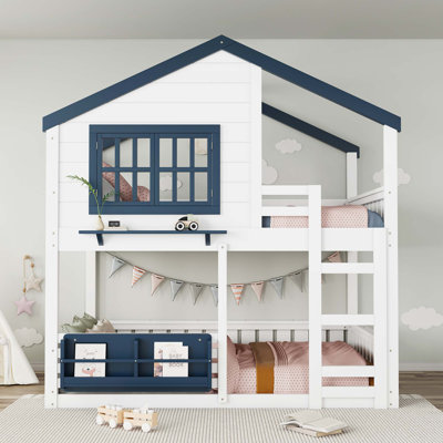 Lit superposé de style maison peu encombrant avec bibliothèque et rails de sécurité