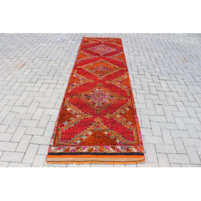 Red Turkish Herki Carpet Runner Rug Perfect for Office Corridor and Stair Treads with Tribal Patterns and Vintage Aesthetic