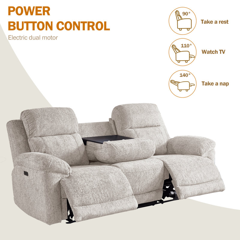 Callendale Power Reclining Sofa With Tray Table, Type-C, USB Ports, Cup Holders, Light Gray