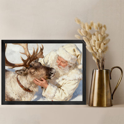 Black Framed Vintage Santa Claus and reindeer in the winter forest Wall Art Retro Style Framed Prints