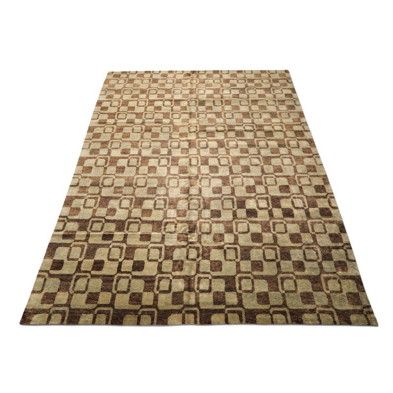 Tapis art déco brun en laine noué à la main 9 pi 11 po x 13 pi 6 po
