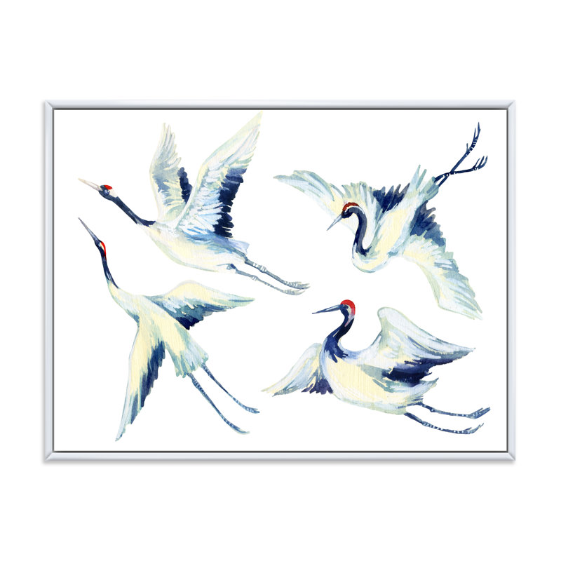 Asian Crane Bird Impression - peinture sur toile, H 16 po x l 32 po x p 1 po, Cadre blanc