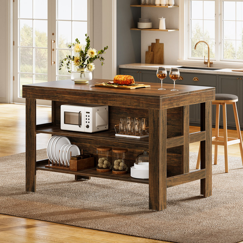 Kitchen Island With Storage Shelves For Kitchen Dining Room, Deep Brown