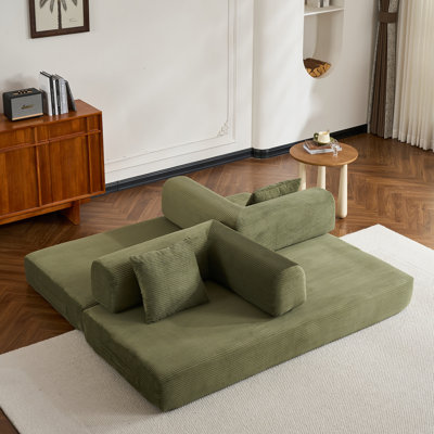 Convertible Sleeper Sofa Bed With Cylindrical Pillow, Corduroy Folding Mattress Couch With Fixed-Shape Frame, Floor Sofa Lounge Couch For Living Room Bedroom (Brown)